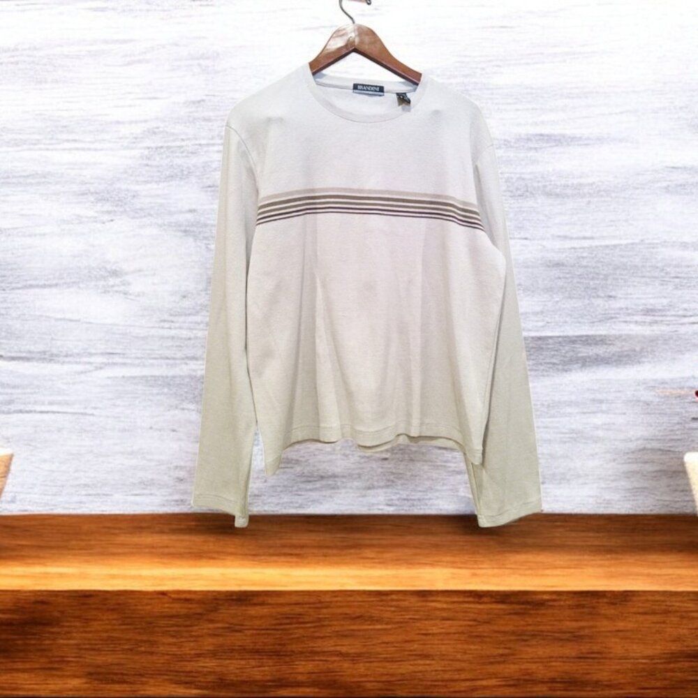 Vintage Brandini Men Sweater Size XL Tall Beige Brown Vertical Stripes Pullover